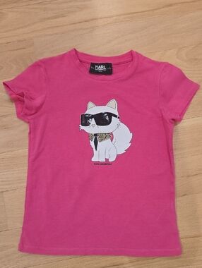 Karl Lagerfeld Girls' Hot Pink Graphic Tee with Sunglasses Cat